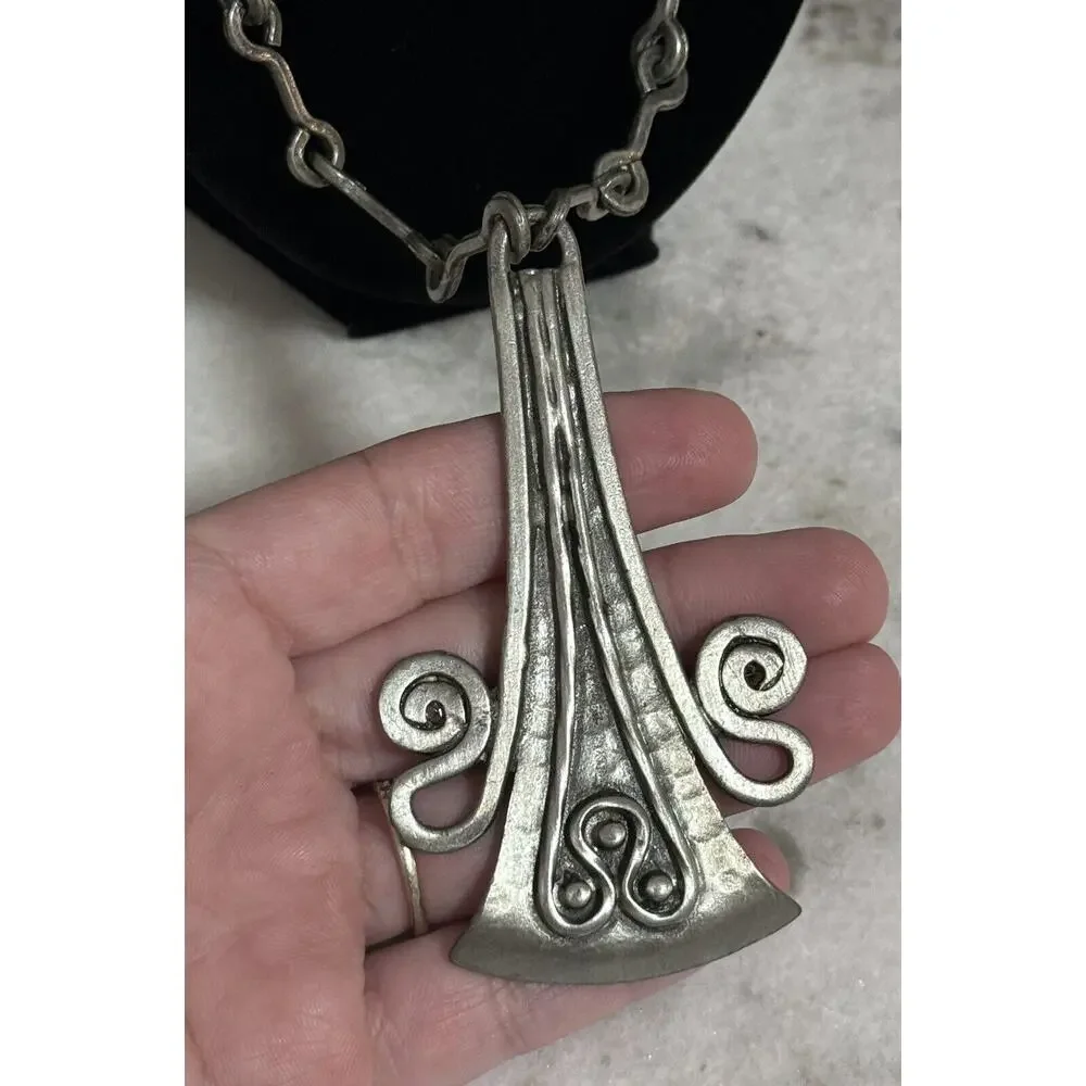 Vintage MCM Denmark Lysgard Pewter Long Brutalist Pendant Necklace 21in